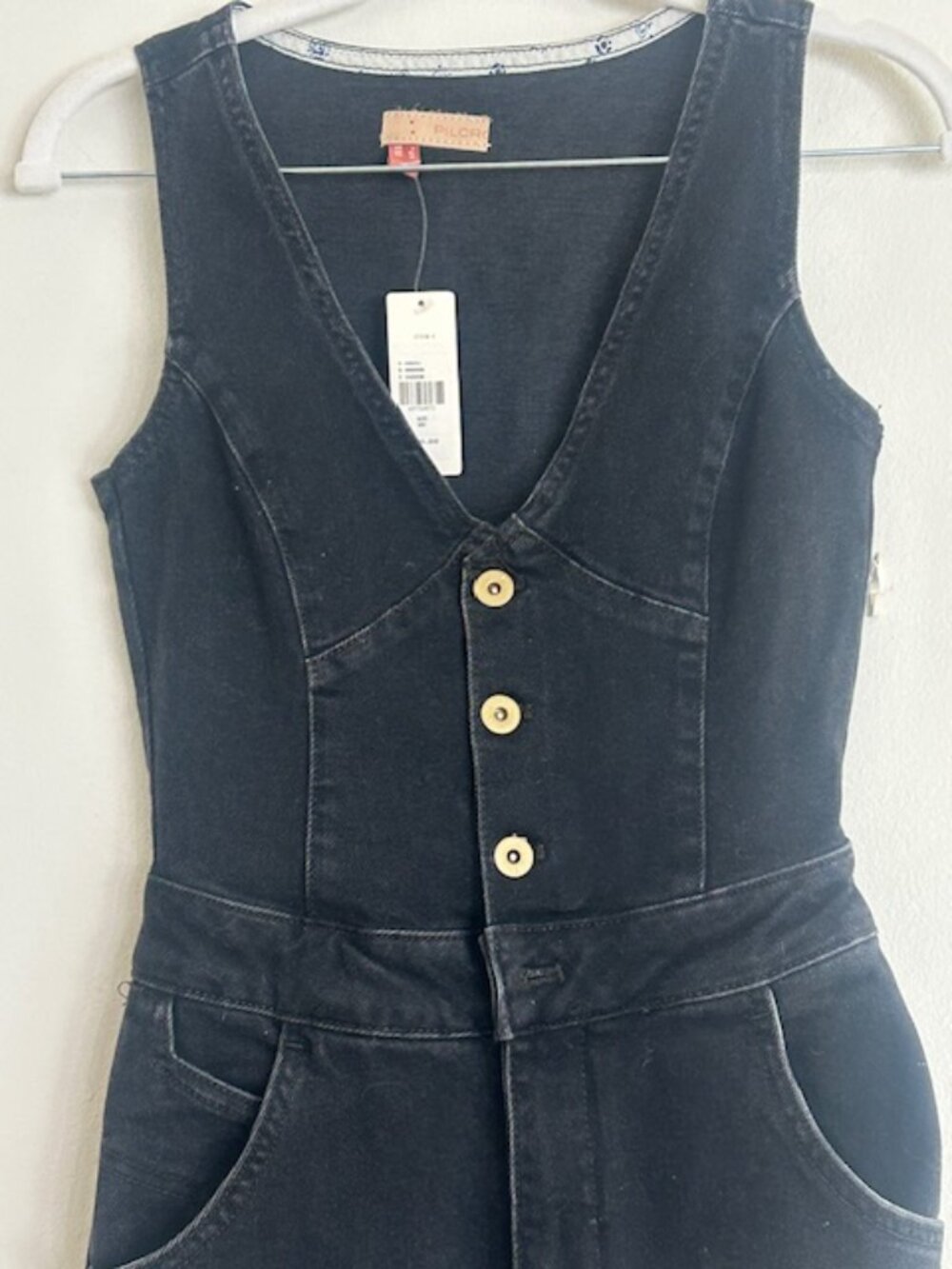 Anthropologie x Pilcro Rich Black Denim Button Down Fitted V Neck Jumpsuit NWT - Picture 4 of 16